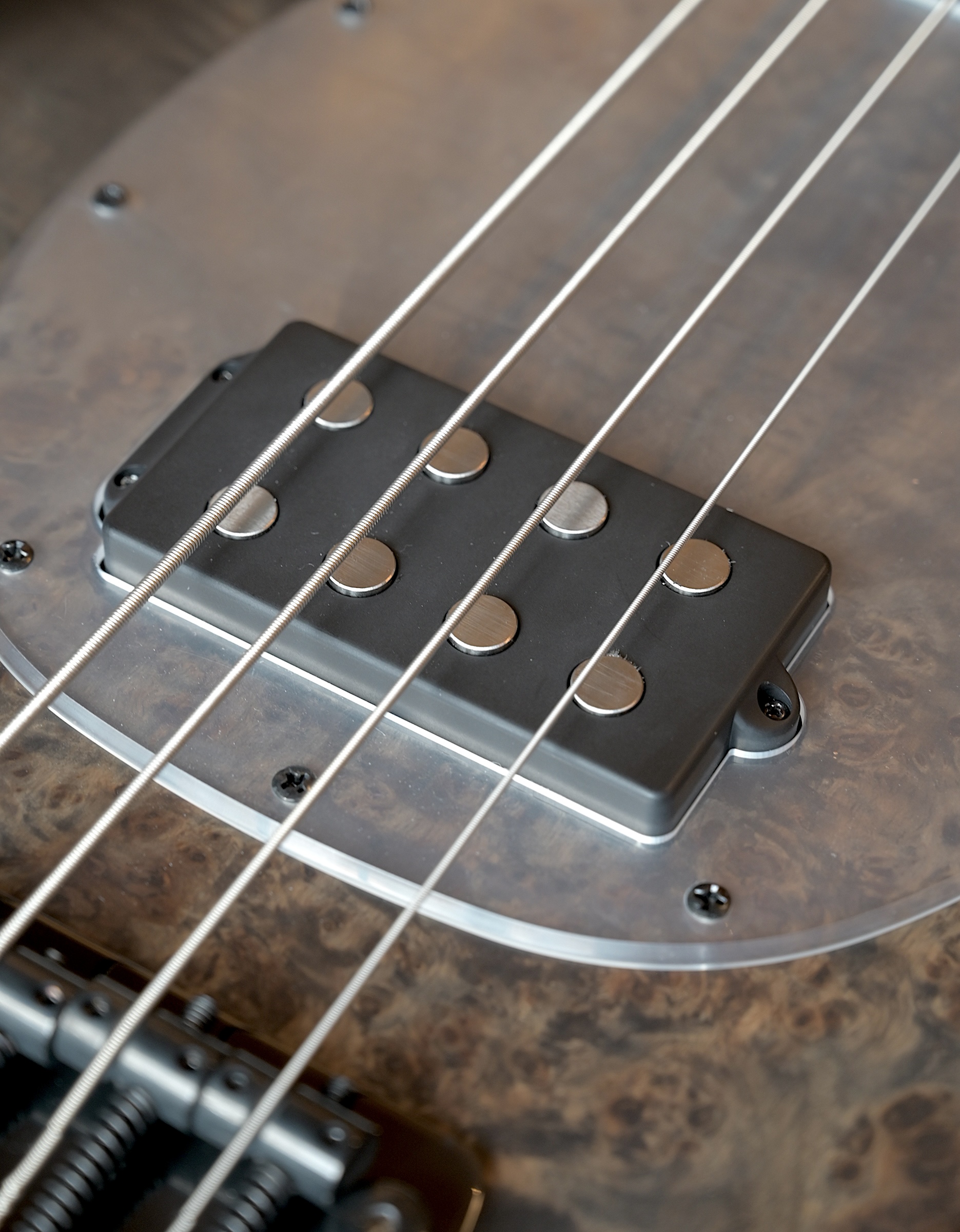 Бас-гитара Sterling StingRay RAY34-PB, Poplar Burl Top, Trans Black - купить в "Гитарном Клубе"