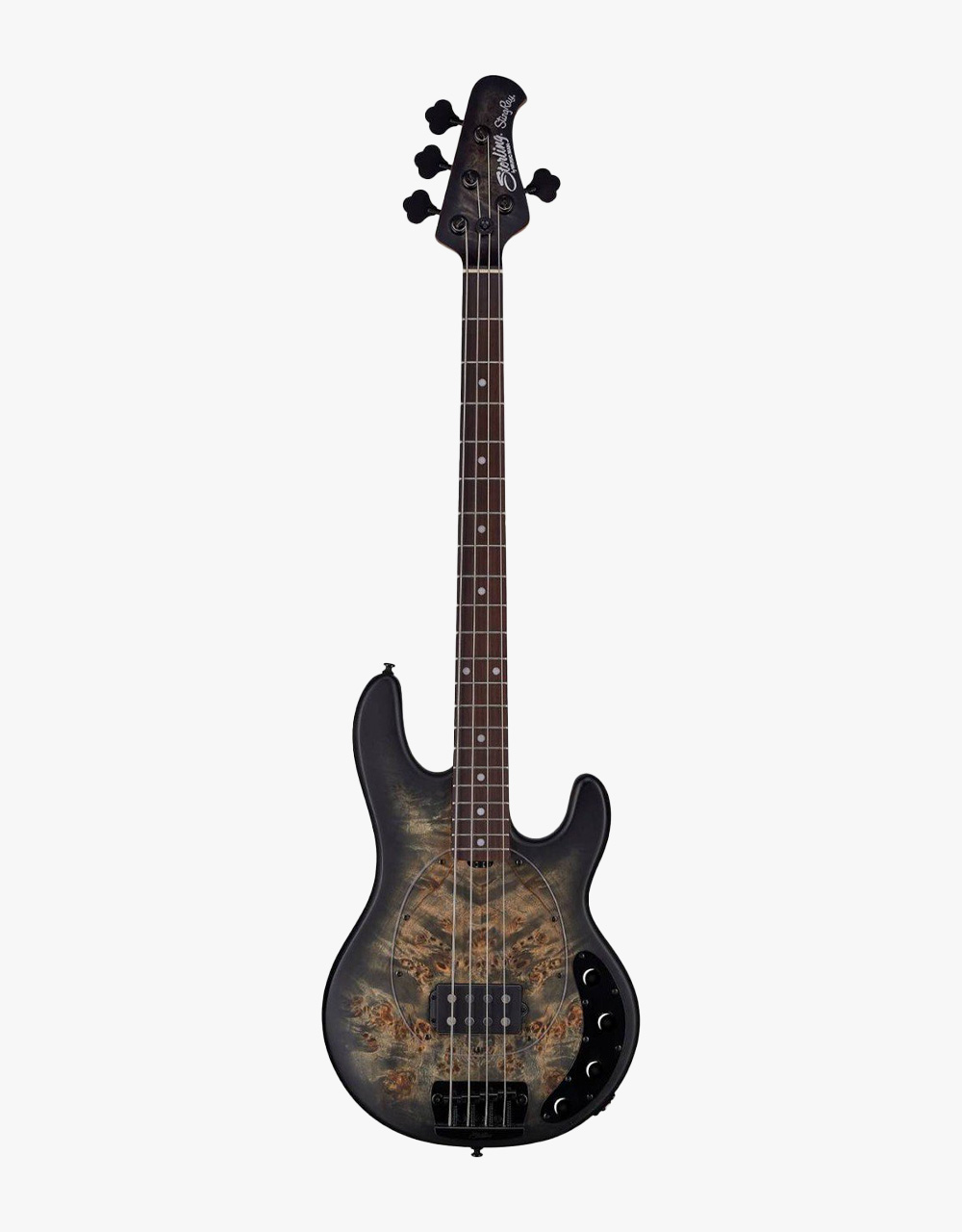 Бас-гитара Sterling StingRay RAY34-PB, Poplar Burl Top, Trans Black - купить в "Гитарном Клубе"